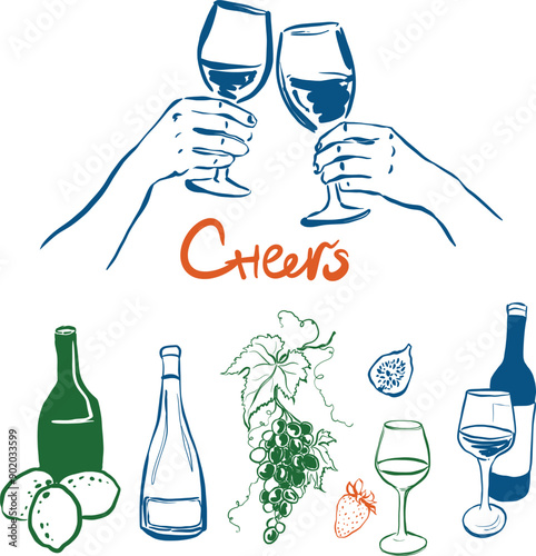 Vector bar wineglasses doodle set. Hand painted drink objects and elements: wineglass, bottles and fruits isolated on white background. Illustration for design, print, fabric or background.