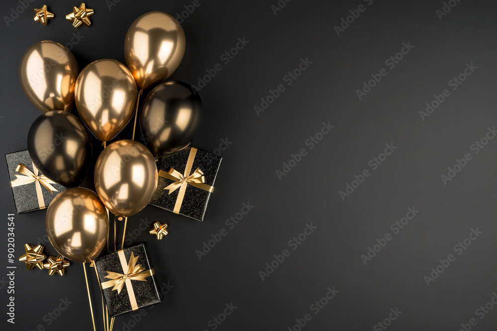 Balloons in gold and black with gifts and presents in a party celebration background festivity Balloons in gold and black with gifts and presents in a party celebration background festivity