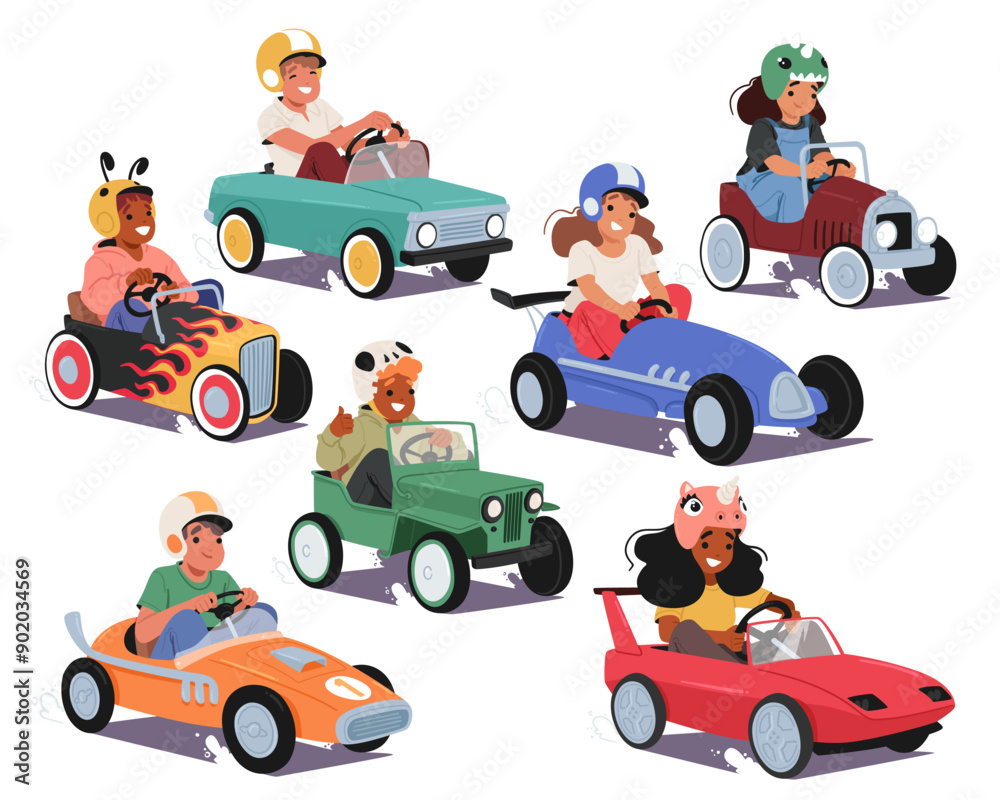 Cartoon Children Characters Engaged In A Playful Pedal Car Race, Each ...