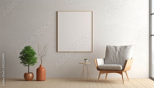 Scandinavian living room pastel color accents with empty frame