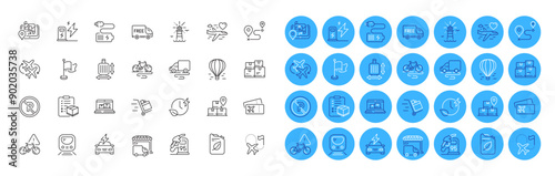 Boarding pass, Wholesale inventory and Lighthouse line icons pack. Gps, Metro, Honeymoon travel web icon. Battery, Air balloon, Journey pictogram. Flag, Push cart, Petrol station. Vector