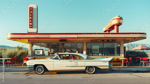 Vintage red convertible parked in front of a retro roadside diner under a blue sky.