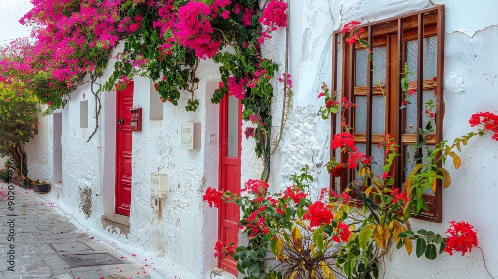 View of the Turkish city of Bodrum's white pavement and flower beds. Santorini's Aegean-style streets, walls, houses, and flowers are colorful. Red doors, a white wall, and flowers View of the Turkish city of Bodrum's white pavement and flower beds. Santorini's Aegean-style streets, walls, houses, and flowers are colorful. Red doors, a white wall, and flowers