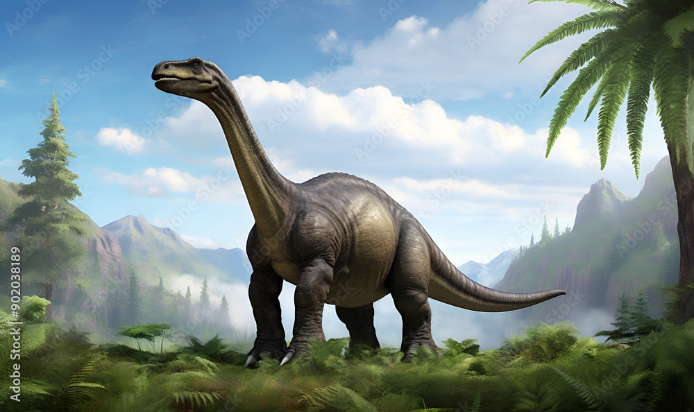 Obraz premium Image of dinosaur similar to Apatosaurus on the background of prehistoric landscape with trees.