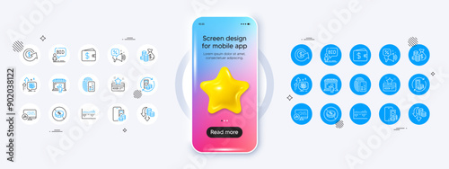Stress grows, Coins bag and Change money line icons. Phone mockup with 3d star icon. Pack of Phone pay, Deflation, Report statistics icon. Vector