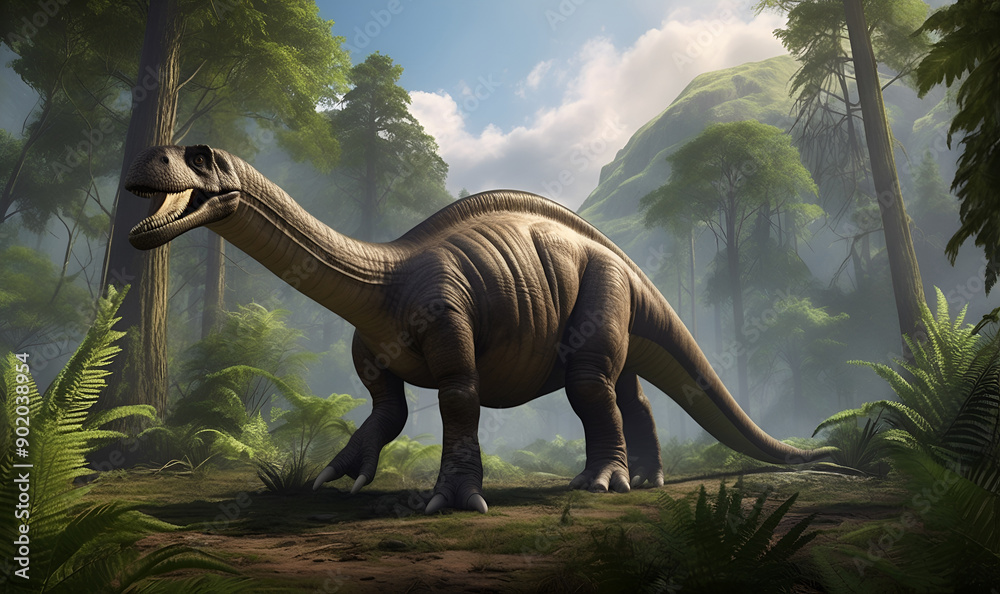 Fototapeta premium Image of dinosaur similar to Apatosaurus on the background of prehistoric landscape with trees.