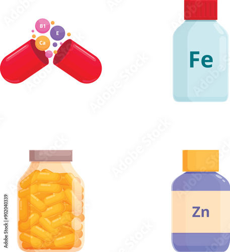 Illustration collection featuring various vitamin and mineral supplements in pill and bottle form
