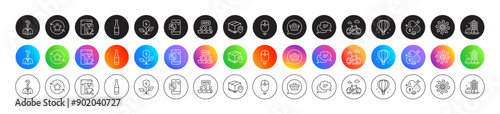 Versatile, Shopping cart and Eco power line icons. Round icon gradient buttons. Pack of Coffee maker, Online voting, Bike icon. Construction building, Scroll down, Hiring employees pictogram. Vector