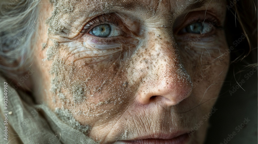 Woman in her 40s, wearing a scarf on her head, close-up of her face, beach Woman in her 40s, wearing a scarf on her head, close-up of her face, beach