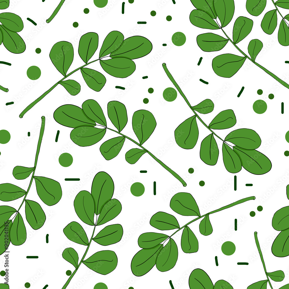 Fototapeta premium Seamless pattern with green mistletoe branches and confetti dots color illustration