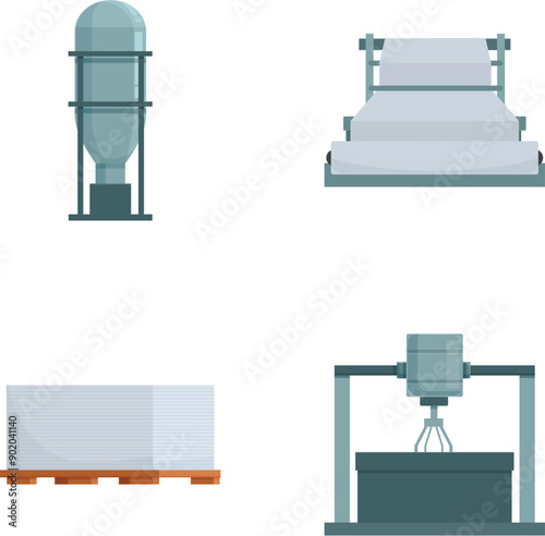 Industrial icons set water tower, steel bridge, cargo, and hydraulic press