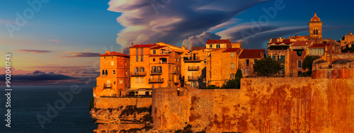 Panoramic landscape with Bonifacio at sunset time, Corsica island, France - Travel concept for magazine, banner, website, cards, ... photo