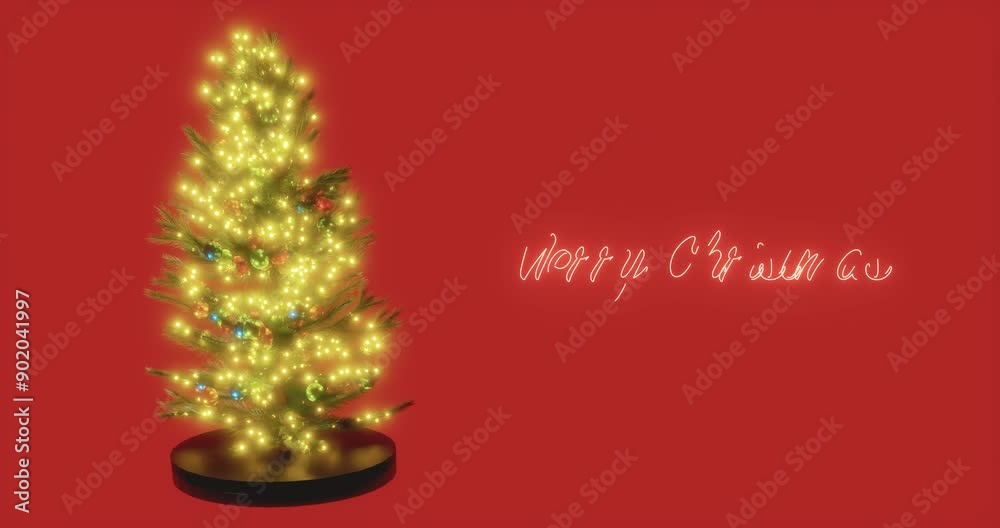 Three-dimensional animation of a pine tree decorated with christmas spheres and lights in series appears Merry, christmas typography Three-dimensional animation of a pine tree decorated with christmas spheres and lights in series appears Merry, christmas typography
