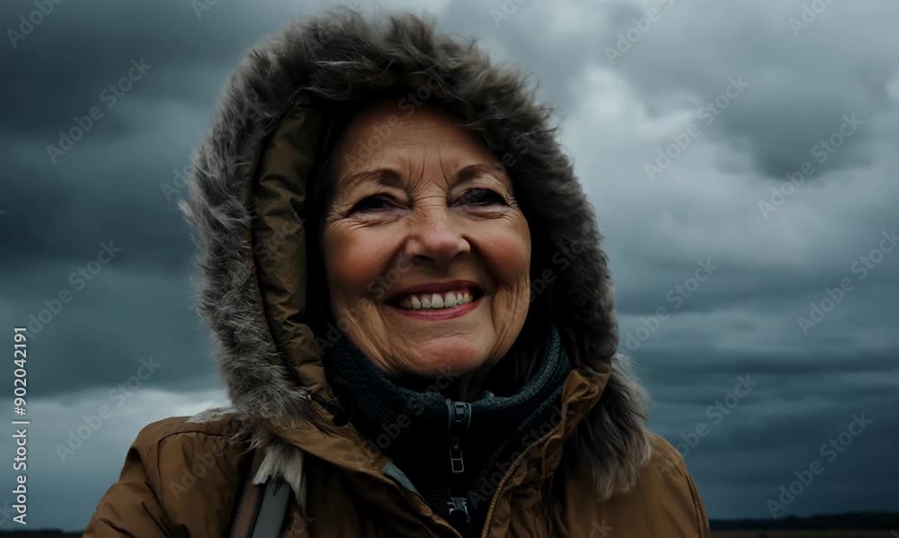 Portrait of senior woman in winter jacket with hood on cloudy sky background Portrait of senior woman in winter jacket with hood on cloudy sky background
