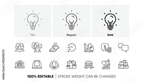 Reminder, Energy and Realtor line icons. Pack of Coins, Heart beat, Wedding glasses icon. Food delivery, Excise duty, Puzzle pictogram. Speech bubble, Delivery time, Surprise boxes. Line icons. Vector