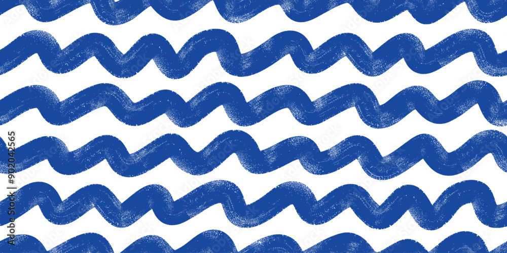 Brush, marker drawn bold doodle lines seamless pattern. Abstract modern geometric blue wavy ornament background