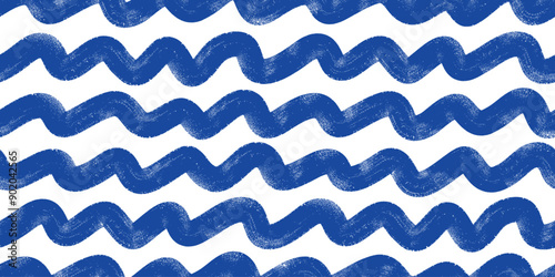 Brush, marker drawn bold doodle lines seamless pattern. Abstract modern geometric blue wavy ornament background