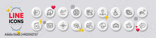 Plane, Food delivery and Bicycle helmet line icons. White buttons 3d icons. Pack of Disability, Hold box, Diesel canister icon. Parcel delivery, Taxi, Gps pictogram. Vector