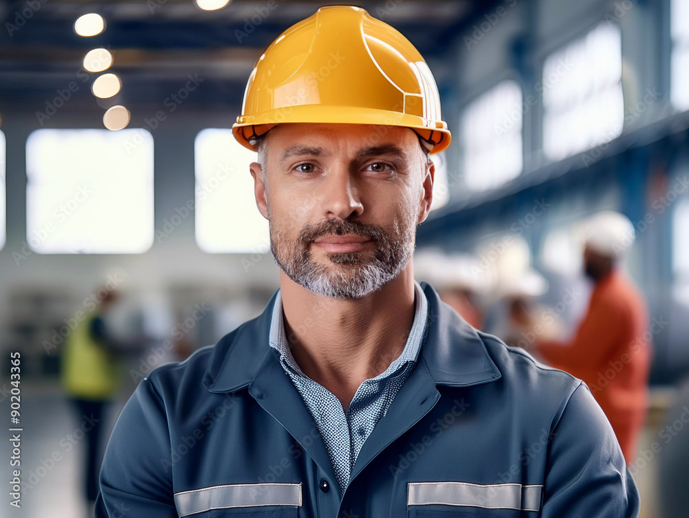 Factory worker man with hard hat indoors . Blurred background. Factory worker man with hard hat indoors . Blurred background.