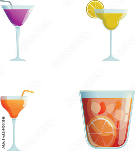 Colorful collection of four cocktail glass vectors, ideal for bar and party themes