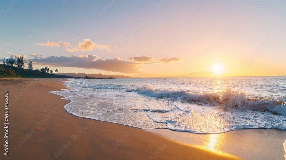 The beach is empty and the sun is setting. The sky is a beautiful mix of orange and pink hues
