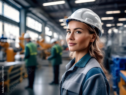 Factory worker woman with hard hat indoors . Blurred background.