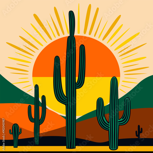 Brazilian sertão, picturesque scenery with cactus, mountains and blazing sun. Colorful vector illustration