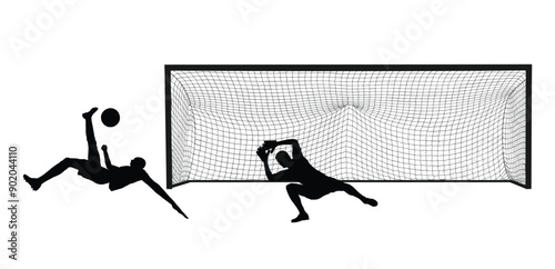 Attractive scissor moves soccer player kick the ball against goalkeeper trying saves shot vector silhouette illustration isolated. Man football player duel game. Effective move spectacle for public.