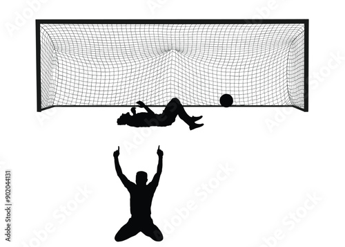 Soccer player celebrates goal scoring on knees, kick ball against sad goalkeeper not saves shot vector silhouette illustration isolated. Man football player duel. Effective move game public spectacle.