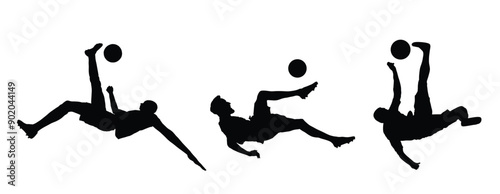 Soccer player vector silhouette illustration isolated on background. Scissor moves in football game. Beach attraction. Summer fun with ball. Effective move in football. Spectacle for public. Sport man