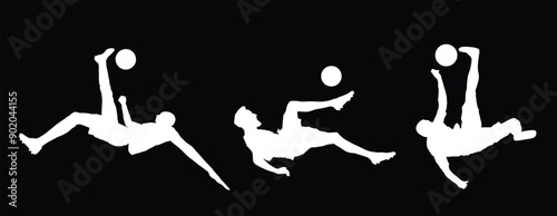 Soccer player vector silhouette illustration isolated on background. Scissor moves in football game. Beach attraction. Summer fun with ball. Effective move in football. Spectacle for public. Sport man