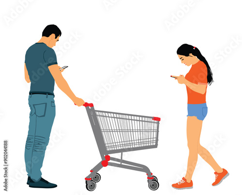 Couple in love shopping with trolley market vector illustration isolated. Family people consumer basket buy food, goods. Grocery by shopping cart in supermarket. Man woman check supplies list by phone