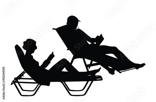 Handsome couple lying down on sun bed lounge chair on beach, reading book vector silhouette illustration isolated. Summer vacation by pool woman, man sunbathing. Girl boy relaxing enjoy. Relax family.
