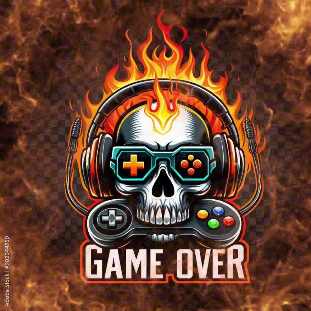 stylized, video animation, color icon, with the image of a skull in headphones, engulfed in flames, a joystick in the mouth and the inscription - Game over, on a transparent background stylized, video animation, color icon, with the image of a skull in headphones, engulfed in flames, a joystick in the mouth and the inscription - Game over, on a transparent background