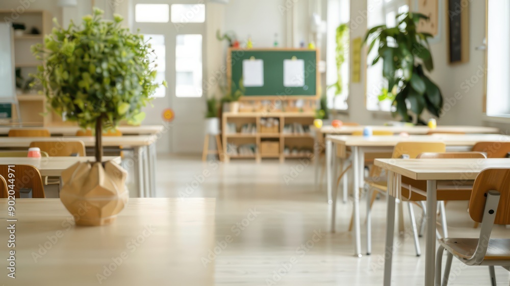 A classroom with a green plant on a table and a green board on the wall. The room is empty and has a clean, organized look A classroom with a green plant on a table and a green board on the wall. The room is empty and has a clean, organized look