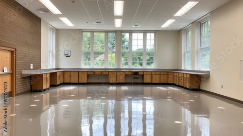 A large room with a lot of cabinets and a counter. The room is empty and has a clean, modern look