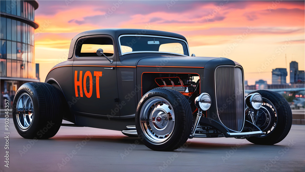 Beautiful matte black and orange vintage hot rod car, automotive background, tuning template, wallpaper, transport