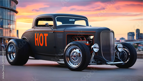 Obraz na płótnie Beautiful matte black and orange vintage hot rod car, automotive background, tuning template, wallpaper, transport w salonie