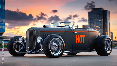 Obraz na płótnie Beautiful matte black and orange vintage hot rod car, automotive background, tuning template, wallpaper, transport w salonie