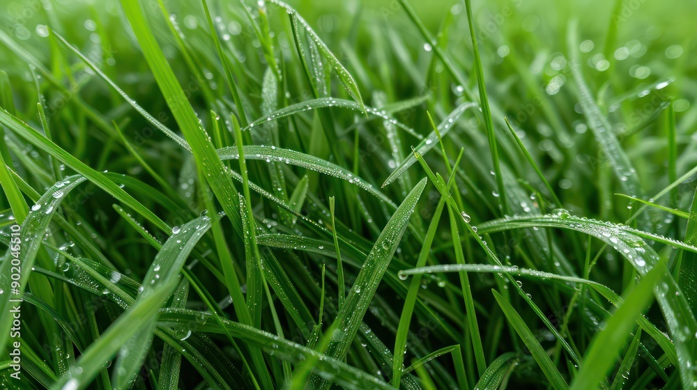 The grass is wet and shiny, reflecting the light of the sun. Concept of freshness and vitality, as the grass appears to be healthy and well-maintained The grass is wet and shiny, reflecting the light of the sun. Concept of freshness and vitality, as the grass appears to be healthy and well-maintained