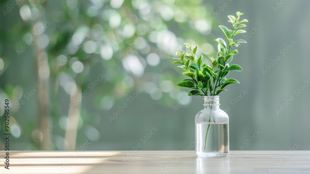 A vase with a plant in it sits on a wooden table. The vase is clear and filled with water, and the plant is green and healthy. Concept of calm and tranquility, as the plant A vase with a plant in it sits on a wooden table. The vase is clear and filled with water, and the plant is green and healthy. Concept of calm and tranquility, as the plant