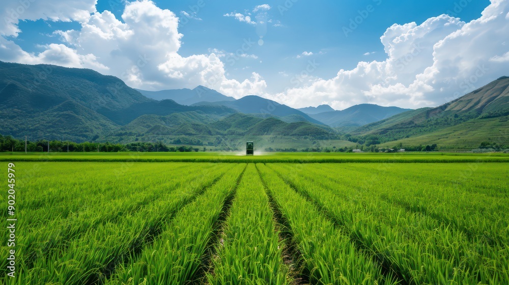 A field of green grass with a green tractor in the middle. The sky is blue and there are clouds