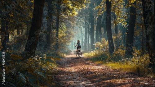 A young person riding a bicycle on a winding path through a dense forest with towering trees and a carpet of leaves, The cyclist occupies between one-third and one-half of the frame © ping