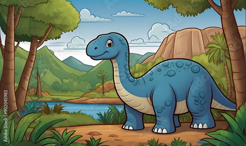 Cute cartoon dinosaur similar to brachiosaurus with long neck and smiling face.