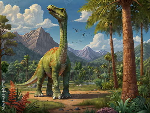 Cute cartoon dinosaur similar to brachiosaurus with long neck and smiling face.
