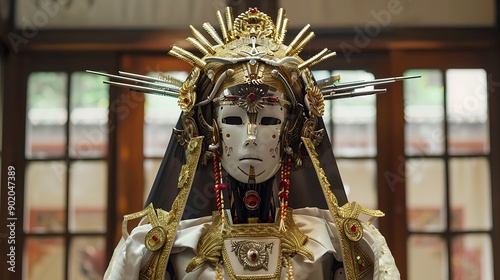 A robot elegantly dressed in Minangkabau ceremonial attire highlighted by a majestic golden suntiang headdress representing a perfect harmony between modern robotics and traditional cultural fashion photo