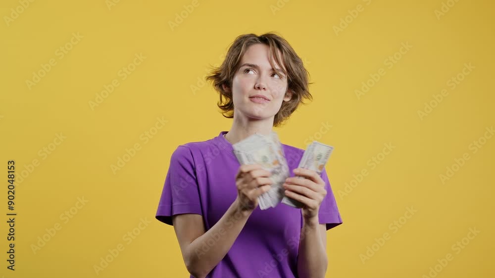 Rich Woman Counting Usd Cash Money Dollars Banknotes On yellow, Income payment Rich Woman Counting Usd Cash Money Dollars Banknotes On yellow, Income payment