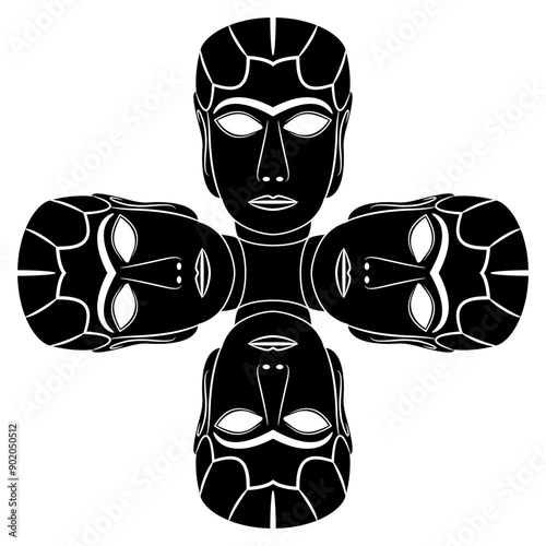 Square ethnic cross shape design with four female heads. The Mask from Warka. Lady of Uruk. Black and white silhouette.