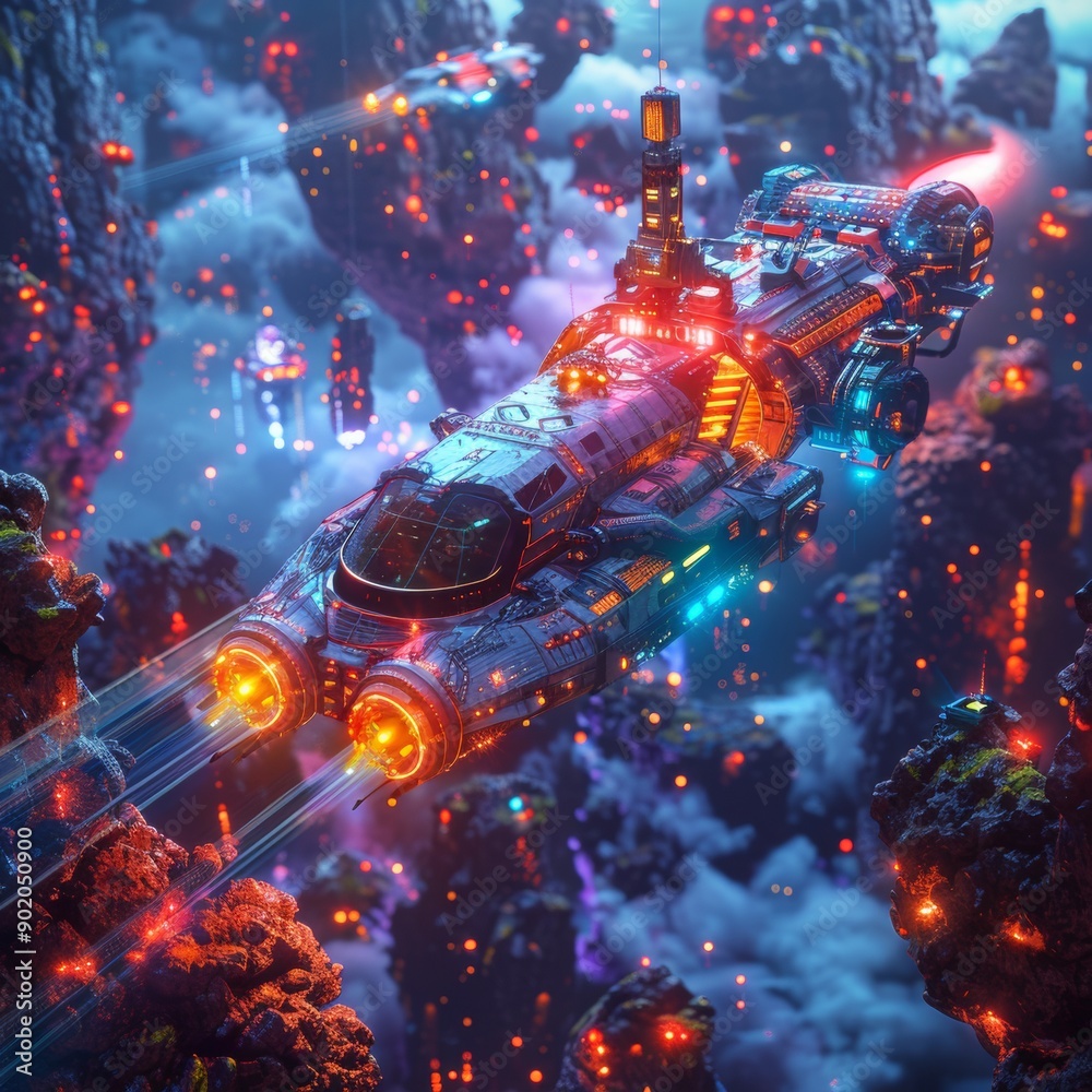 Neon Odyssey: Futuristic Spaceship Landing on Vibrant Asteroid with Holographic Mining Equipment in Background Neon Odyssey: Futuristic Spaceship Landing on Vibrant Asteroid with Holographic Mining Equipment in Background