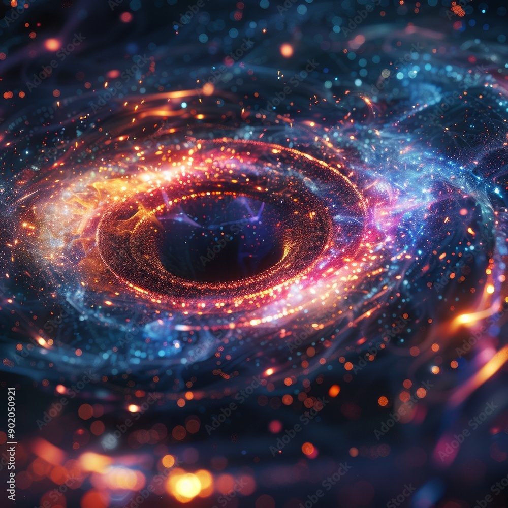 Cosmic Encounter: Black Hole Swirling in Holographic Light Amid Digital Stars - Sci-Fi Dramatic Scene Cosmic Encounter: Black Hole Swirling in Holographic Light Amid Digital Stars - Sci-Fi Dramatic Scene